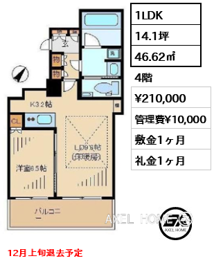 1LDK 46.62㎡  賃料¥210,000 管理費¥10,000 敷金1ヶ月 礼金1ヶ月 12月上旬退去予定