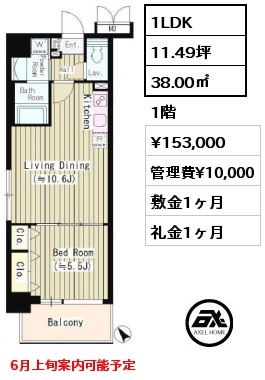 1LDK 38.00㎡ 1階 賃料¥153,000 管理費¥10,000 敷金1ヶ月 礼金1ヶ月 6月上旬案内可能予定　