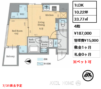 1LDK 33.77㎡  賃料¥187,000 管理費¥15,000 敷金1ヶ月 礼金0ヶ月 7/31退去予定