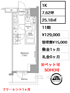 1K 25.18㎡  賃料¥129,000 管理費¥15,000 敷金1ヶ月 礼金0ヶ月 フリーレント1ヶ月