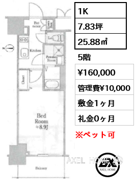 1K 25.88㎡  賃料¥160,000 管理費¥10,000 敷金1ヶ月 礼金0ヶ月 　