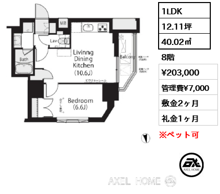 1LDK 40.02㎡  賃料¥203,000 管理費¥7,000 敷金2ヶ月 礼金1ヶ月