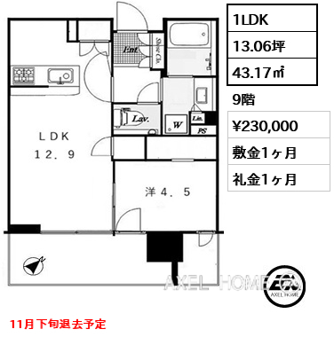 1LDK 43.17㎡  賃料¥230,000 敷金1ヶ月 礼金1ヶ月 11月下旬退去予定