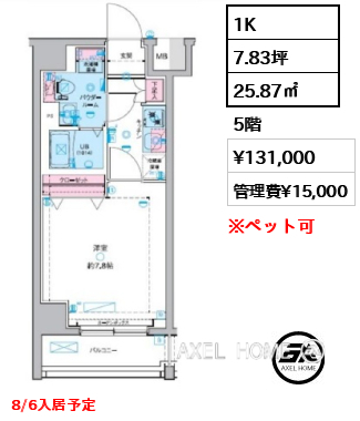 1K 25.87㎡  賃料¥131,000 管理費¥15,000 8/6入居予定