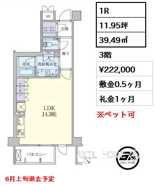 1R 39.49㎡  賃料¥222,000 敷金0.5ヶ月 礼金1ヶ月 6月上旬退去予定