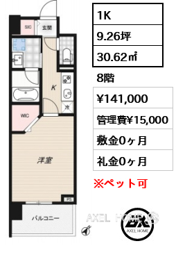 1K 30.62㎡  賃料¥141,000 管理費¥15,000 敷金0ヶ月 礼金0ヶ月