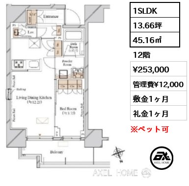 1SLDK 45.16㎡  賃料¥253,000 管理費¥12,000 敷金1ヶ月 礼金1ヶ月