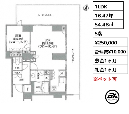 1LDK 54.46㎡ 5階 賃料¥250,000 管理費¥10,000 敷金1ヶ月 礼金1ヶ月