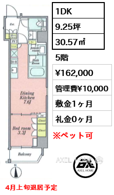 1DK 30.57㎡  賃料¥162,000 管理費¥10,000 敷金1ヶ月 礼金0ヶ月 4月上旬退居予定