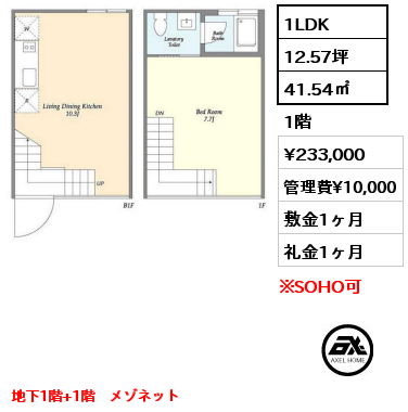 1LDK 41.54㎡ 1階 賃料¥233,000 管理費¥10,000 敷金1ヶ月 礼金1ヶ月 地下1階+1階　メゾネット