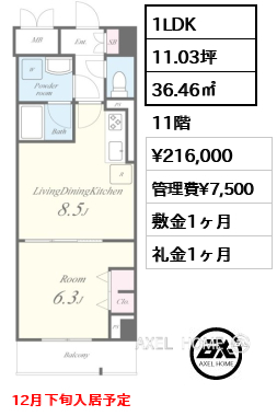 1LDK 36.46㎡  賃料¥216,000 管理費¥7,500 敷金1ヶ月 礼金1ヶ月 12月下旬入居予定