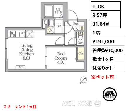 1LDK 31.64㎡  賃料¥191,000 管理費¥10,000 敷金1ヶ月 礼金0ヶ月 フリーレント1ヵ月