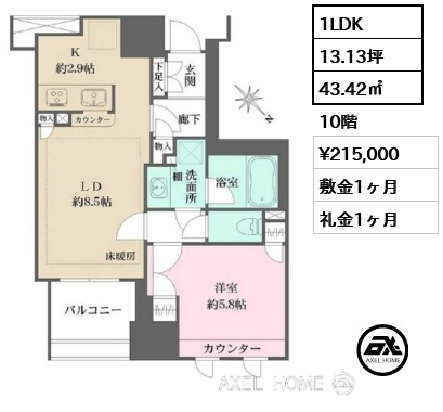 1LDK 43.42㎡  賃料¥215,000 敷金1ヶ月 礼金1ヶ月