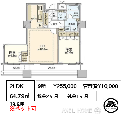 2LDK 64.79㎡  賃料¥255,000 管理費¥10,000 敷金2ヶ月 礼金1ヶ月