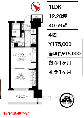 1LDK 40.59㎡  賃料¥175,000 管理費¥15,000 敷金1ヶ月 礼金1ヶ月 1/14退去予定