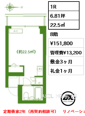 1R 22.5㎡  賃料¥151,800 管理費¥13,200 敷金3ヶ月 礼金1ヶ月 定期借家2年（再契約相談可）　リノベーション