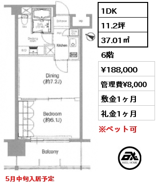 1DK 37.01㎡ 6階 賃料¥188,000 管理費¥8,000 敷金1ヶ月 礼金1ヶ月 5月中旬入居予定