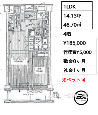 1LDK 46.70㎡  賃料¥190,000 管理費¥8,000 敷金0ヶ月 礼金1ヶ月 12月中旬入居予定