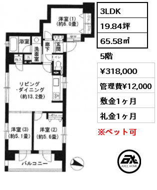 3LDK 65.58㎡ 5階 賃料¥318,000 管理費¥12,000 敷金1ヶ月 礼金1ヶ月