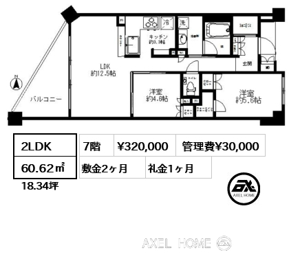 2LDK 60.62㎡  賃料¥320,000 管理費¥30,000 敷金2ヶ月 礼金1ヶ月