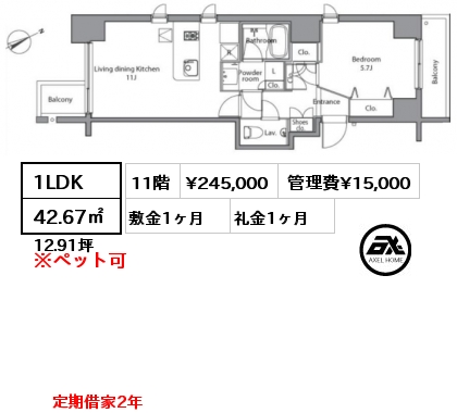 1LDK 42.67㎡ 11階 賃料¥245,000 管理費¥15,000 敷金1ヶ月 礼金1ヶ月 定期借家2年