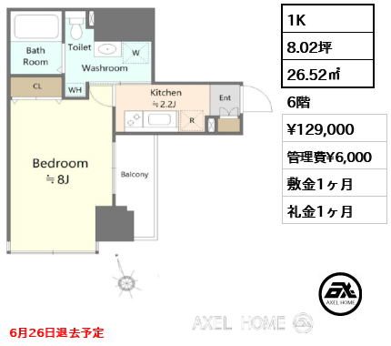 1K 26.52㎡  賃料¥129,000 管理費¥6,000 敷金1ヶ月 礼金1ヶ月 6月26日退去予定