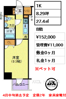 1K 27.4㎡  賃料¥152,000 管理費¥11,000 敷金0ヶ月 礼金1ヶ月 4月中旬退去予定　定借2年　家具家電付き