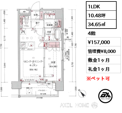 1LDK 34.65㎡  賃料¥157,000 管理費¥8,000 敷金1ヶ月 礼金1ヶ月