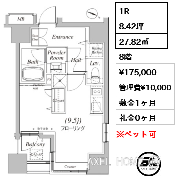 1R 27.82㎡  賃料¥175,000 管理費¥10,000 敷金1ヶ月 礼金0ヶ月