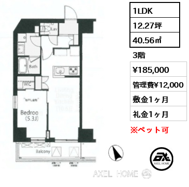 1LDK 40.56㎡  賃料¥185,000 管理費¥12,000 敷金1ヶ月 礼金1ヶ月
