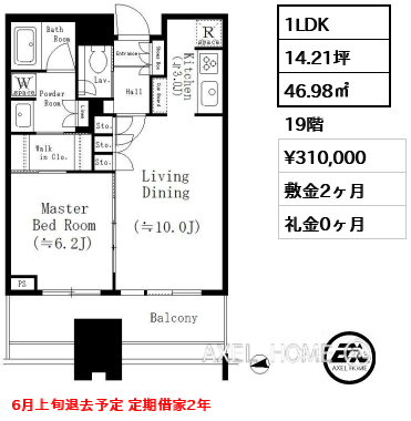 1LDK 46.98㎡  賃料¥310,000 敷金2ヶ月 礼金0ヶ月 6月上旬退去予定 定期借家2年