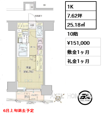 1K 25.18㎡  賃料¥151,000 敷金1ヶ月 礼金1ヶ月 6月上旬退去予定