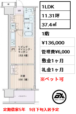 1LDK 37.4㎡ 1階 賃料¥136,000 管理費¥6,000 敷金1ヶ月 礼金1ヶ月 定期借家5年　9月下旬入居予定