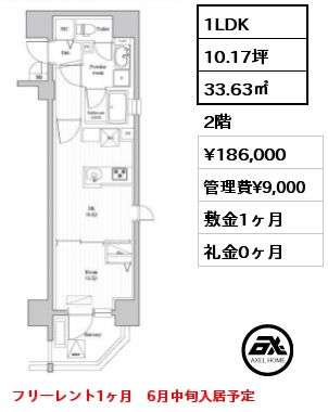 1LDK 33.63㎡ 2階 賃料¥186,000 管理費¥9,000 敷金1ヶ月 礼金0ヶ月 フリーレント1ヶ月　6月中旬入居予定
