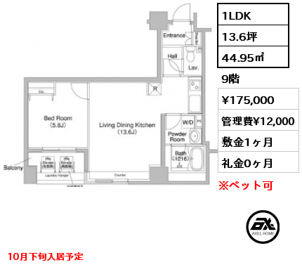 1LDK 44.95㎡ 9階 賃料¥175,000 管理費¥12,000 敷金1ヶ月 礼金0ヶ月 10月下旬入居予定