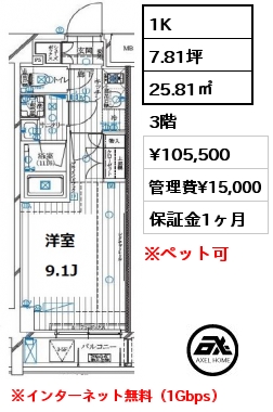 1K 25.81㎡ 3階 賃料¥105,500 管理費¥15,000 ※インターネット無料（1Gbps）