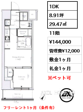 1DK 29.47㎡  賃料¥144,000 管理費¥12,000 敷金1ヶ月 礼金1ヶ月 フリーレント1ヶ月（条件有）