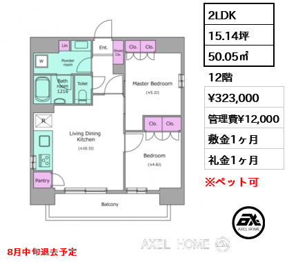2LDK 50.05㎡  賃料¥323,000 管理費¥12,000 敷金1ヶ月 礼金1ヶ月 8月中旬退去予定