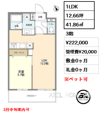 1LDK 41.86㎡  賃料¥222,000 管理費¥20,000 敷金0ヶ月 礼金0ヶ月 3月中旬案内可