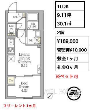 1LDK 30.1㎡  賃料¥189,000 管理費¥10,000 敷金1ヶ月 礼金0ヶ月 フリーレント1ヵ月