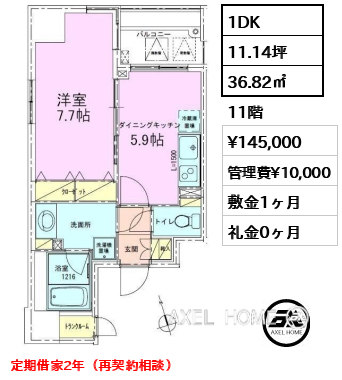 1DK 36.82㎡  賃料¥145,000 管理費¥10,000 敷金1ヶ月 礼金0ヶ月 定期借家2年（再契約相談）