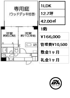 1LDK 42.00㎡ 1階 賃料¥166,000 管理費¥10,500 敷金1ヶ月 礼金1ヶ月 10月上旬退去予定