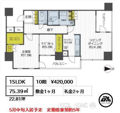 1SLDK 75.39㎡  賃料¥420,000 敷金1ヶ月 礼金2ヶ月 5月中旬入居予定　定期借家契約5年