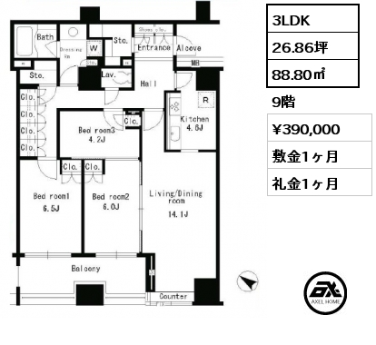 3LDK 88.80㎡ 9階 賃料¥390,000 敷金1ヶ月 礼金1ヶ月