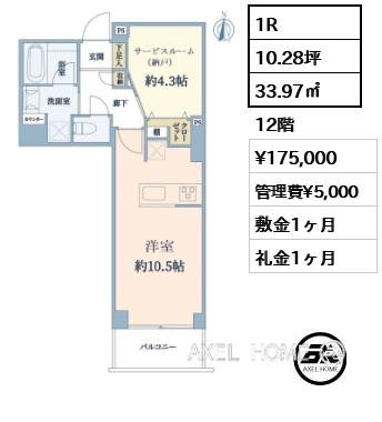1R 33.97㎡  賃料¥175,000 管理費¥5,000 敷金1ヶ月 礼金1ヶ月