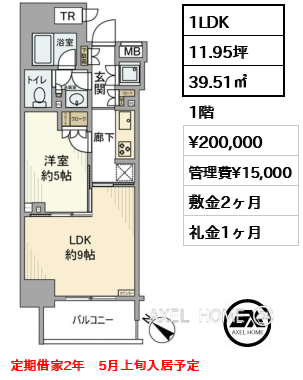 1LDK 39.51㎡  賃料¥200,000 管理費¥15,000 敷金2ヶ月 礼金1ヶ月 定期借家2年　5月上旬入居予定