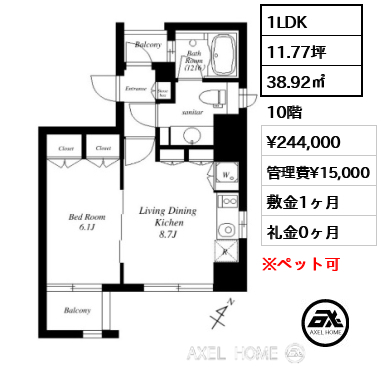 1LDK 38.92㎡  賃料¥244,000 管理費¥15,000 敷金1ヶ月 礼金0ヶ月