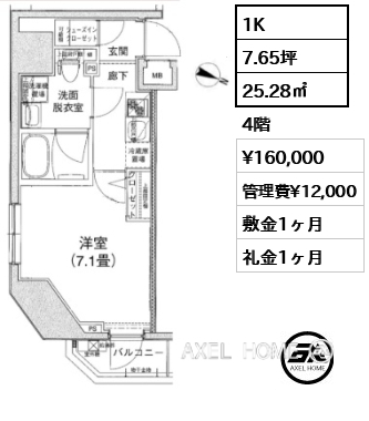 1K 25.28㎡  賃料¥160,000 管理費¥12,000 敷金1ヶ月 礼金1ヶ月