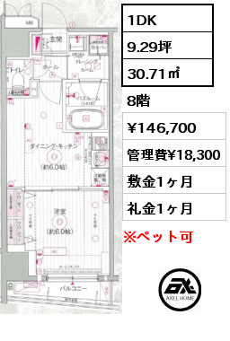 1DK 30.71㎡ 8階 賃料¥146,700 管理費¥18,300 敷金1ヶ月 礼金1ヶ月