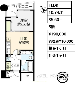 1LDK 35.50㎡  賃料¥190,000 管理費¥10,000 敷金1ヶ月 礼金1ヶ月